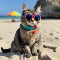 ein Katze tragen Sonnenbrille ist Sitzung auf das Strand ai generieren foto