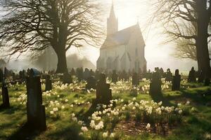 Charme Ostern Morgen im Landschaft Kirchhof ai generativ foto