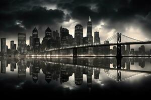 Panorama- Aussicht von ein Brücke Über das Wasser im ein groß Stadt mit Betrachtung im das Wasser. schwarz und Weiß Illustration. generiert durch künstlich Intelligenz foto