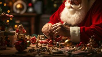 ai generativ schließen oben von Weiß Santa Arbeiten im seine Geschäft auf Spielzeuge foto