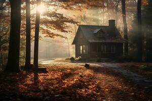 Sonnenaufgang Über ein Wald Landschaft mit Herbst Laub ai generativ foto