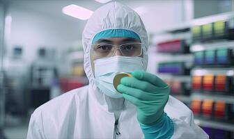 asiatisch männlich Techniker hält farbig Petri Geschirr im Labor Erstellen mit generativ ai Werkzeuge foto