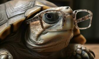 Treffen ein weise und Alten Schildkröte Sport Gläser, navigieren mit Schwierigkeit. Erstellen mit generativ ai Werkzeuge foto