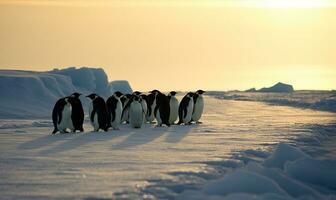 das Pinguine versammeln zusammen, zusammengekauert auf das Eisberg Erstellen mit generativ ai Werkzeuge foto