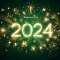 glücklich Neu Jahr 2024 mit schön funkelnd, Feuerwerk und Star Partikel auf verschwommen Grün Bokeh Textur Hintergrund foto