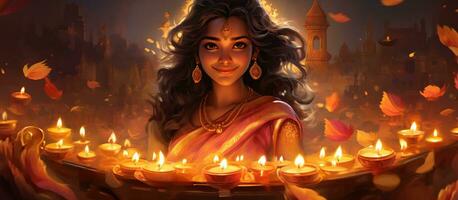 Festival von Beleuchtung. Diwali, Festival von Beleuchtung. Netz Banner Design mit Kerzen und Frau. ai generiert foto
