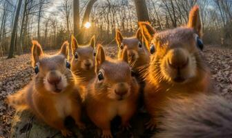 Selfie mit Stil Eichhörnchen zeigt an aus es ist charmant Persönlichkeit und flink Bewegungen. Erstellen mit generativ ai Werkzeuge foto