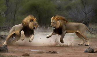 zwei Löwen sperren Kiefer im ein brutal Kampf Erstellen mit generativ ai Werkzeuge foto