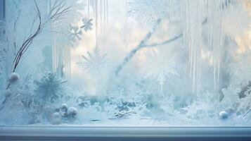 ai generativ Winter Frost auf Glas mit klein Dekorationen auf oder hinter das Fenster foto