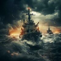 Epos Marine- Duell im das Mitte von ein stürmisch Nacht, ai generativ foto