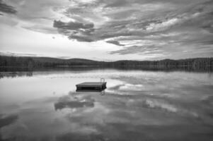 Schwimmen Insel auf ein See beim Sonnenuntergang im schwarz und Weiß. Wolken reflektiert im das Wasser foto