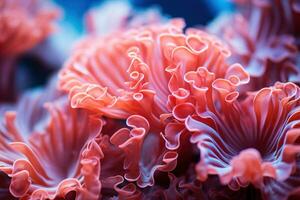 extrem Nahansicht von Rosa Sanft Korallen zeigen Textur. abstrakt Hintergrund von Meer Leben. ai generiert foto