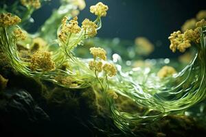 extrem Nahansicht von Grün Marine Algen. abstrakt Hintergrund mit Makro Meer Leben. ai Generation foto