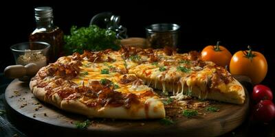 Pizza mit Dehnen Käse auf ein hölzern Tabelle auf ein schwarz Hintergrund generiert durch künstlich Intelligenz foto