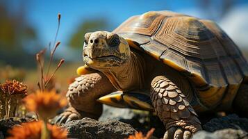 Schildkröte auf das Felsen, ai generiert foto