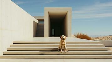 Hund draußen Luxus heim, ai generiert foto