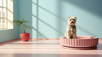 Hund Sitzung im Vorderseite von ein Zuhause Wand, ai generiert foto