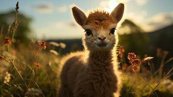 Baby Lama beim Sonnenuntergang, ai generiert foto