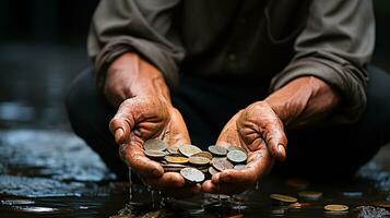Münzen im Hand, Geld Konzept Hintergrund, ai generiert foto