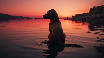 Hund auf das Strand beim Sonnenuntergang, ai generiert foto