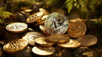 Bitcoins auf das Tisch, Kryptowährung Hintergrund Bild, ai generiert foto