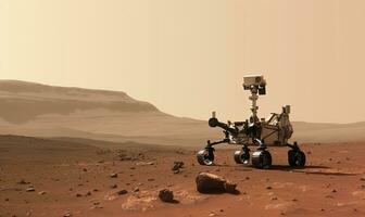 ein Rover durchquert das unfruchtbar Landschaft von Mars Erstellen mit generativ ai Werkzeuge foto