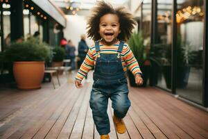 winzig Trendsetter Outfit. Denim insgesamt Kleid, gestreift Tee, und Knöchel Stiefel - - ai generiert foto