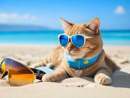 ein Katze tragen Sonnenbrille ist Sitzung auf das Strand ai generieren foto