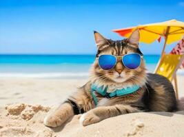 ein Katze tragen Sonnenbrille ist Sitzung auf das Strand ai generieren foto