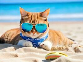 ein Katze tragen Sonnenbrille ist Sitzung auf das Strand ai generieren foto