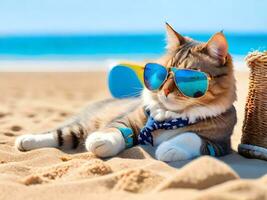 ein Katze tragen Sonnenbrille ist Sitzung auf das Strand ai generieren foto