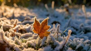 Herbst Blätter im das Schnee von ai generiert foto