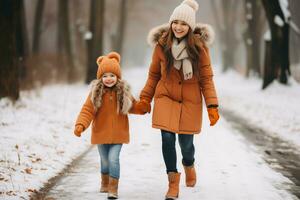 wenig Mädchen und Mama Winter Verbindung - - ai generiert foto