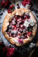 rustikal Beere Galette Kuchen. Herbst Eleganz mit Preiselbeeren, Himbeeren, und Brombeeren - - ai generiert foto