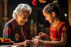 Erfassen Familie Liebe beim ein spanisch Erbe Veranstaltung mit abuela - - ai generiert foto