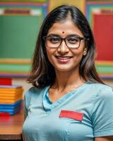 ai generiert indisch Vorschule Frauen Lehrer mit bindi und tragen T-Shirt und Auge Glas beim Klassenzimmer foto