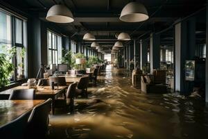 Situation Überschwemmung im Büro beginnend Szenarien Fachmann Werbung Fotografie ai generiert foto