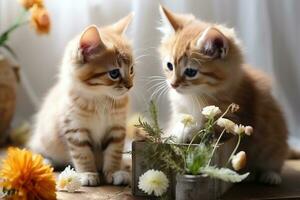zwei süß Kätzchen sind spielen interaktiv Spaß Fachmann Werbung Fotografie ai generativ foto