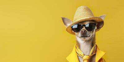 cool suchen Chihuahua Hund tragen funky Mode Kleid. Raum zum Text richtig Seite. generativ ai foto