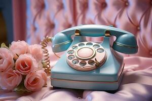 alt Telefon auf Tabelle Pastell- Farbe Jahrgang Stil ai generiert foto