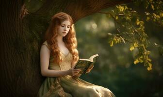 hat verloren im das Tiefe von das Wald, das Kelte Frau vertieft in ihr Buch. Erstellen mit generativ ai Werkzeuge foto