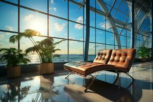 warten Zimmer beim das Flughafen mit das groß Fenster ai generiert foto