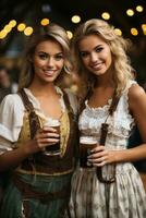 Oktoberfest Kellnerin mit Bier und Fass auf Bar Hintergrund. ai generiert foto