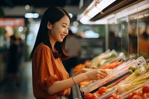Frau im Supermarkt Kauf Lebensmittel Essen, ai generiert foto