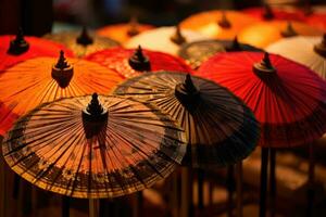 bunt asiatisch Papier Regenschirm Sonnenschirm. ai generiert foto