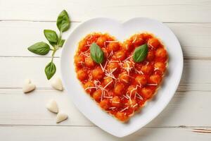 Herz geformt Spaghetti mit Tomate Soße und Parmesan Käse auf Weiß Platte. ai generiert foto
