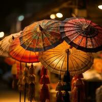 bunt asiatisch Papier Regenschirm Sonnenschirm. ai generiert foto