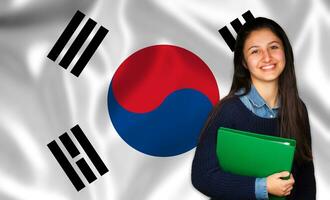 Teen Schüler lächelnd Über Koreanisch Flagge foto