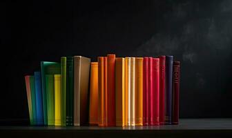 ein beschwingt Anzeige von Bücher im jeder Farbe von das Regenbogen. Erstellen mit generativ ai Werkzeuge foto