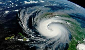 Satellit Bild von ein mächtig Hurrikan Annäherung Land. foto